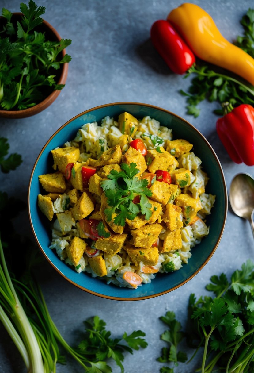 A colorful bowl of curry chicken salad surrounded by fresh vegetables and herbs