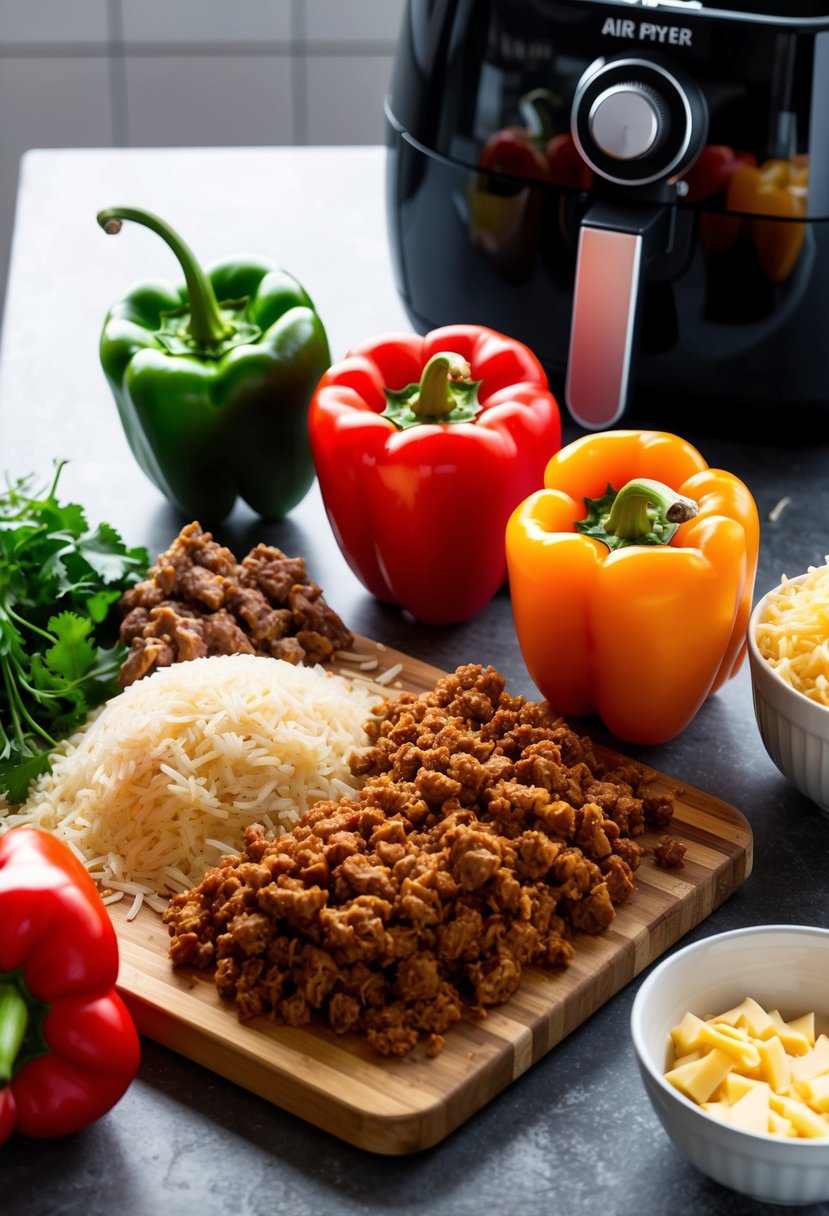 Bell peppers, rice, ground meat, and cheese arranged on a cutting board next to an air fryer. Ingredients are being prepped for a stuffed bell peppers recipe