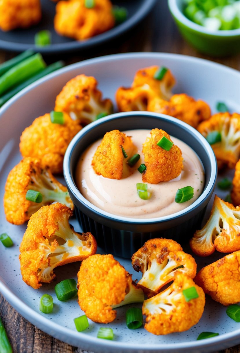 A plate of crispy buffalo cauliflower bites fresh out of the air fryer, with a side of dipping sauce and garnished with chopped green onions