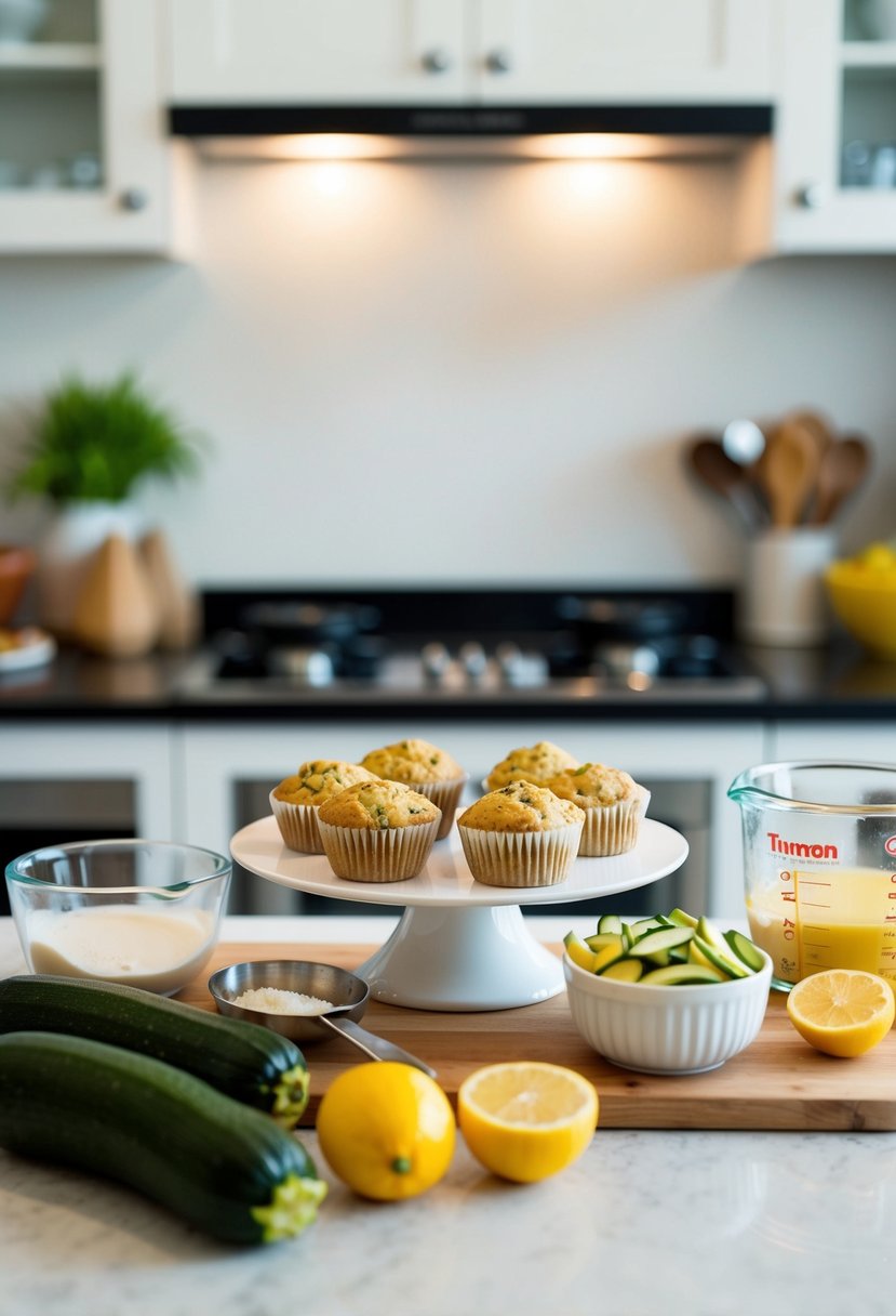 A kitchen counter with assorted ingredients and utensils for making zucchini mini muffins