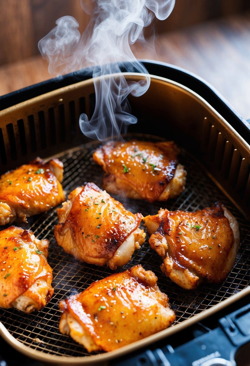 Teriyaki chicken thighs sizzling in an air fryer, surrounded by aromatic steam and golden-brown, crispy skin