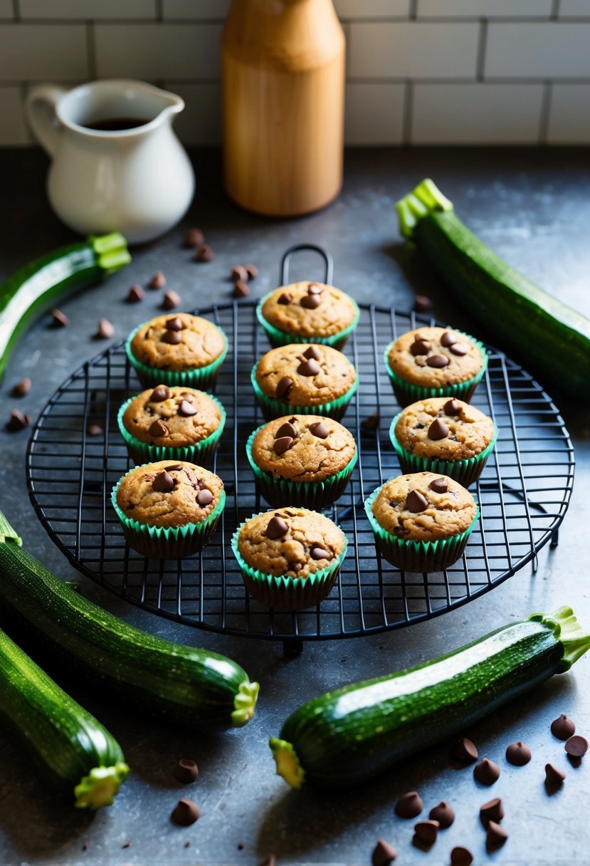 A rustic kitchen counter with a cooling rack of chocolate chip zucchini mini muffins surrounded by fresh zucchinis and scattered chocolate chips