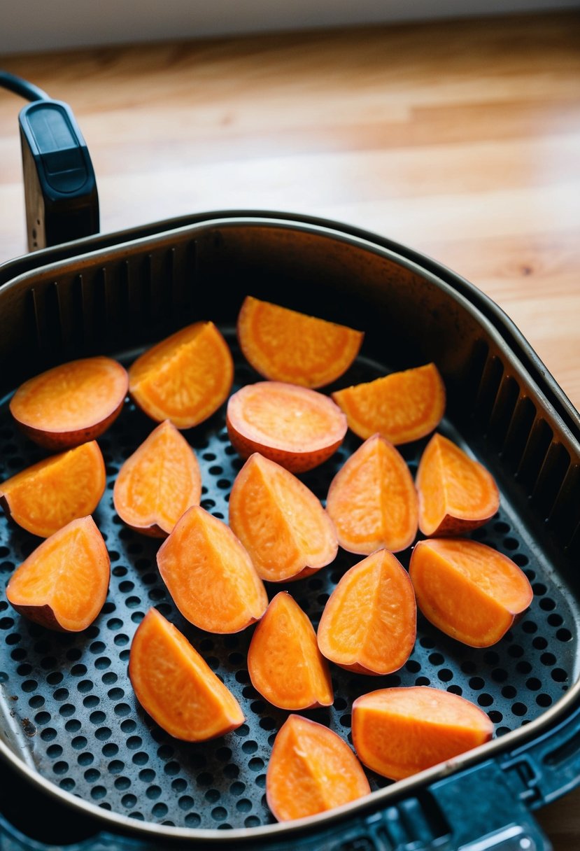 Sliced sweet potatoes arranged on air fryer tray, golden and crispy