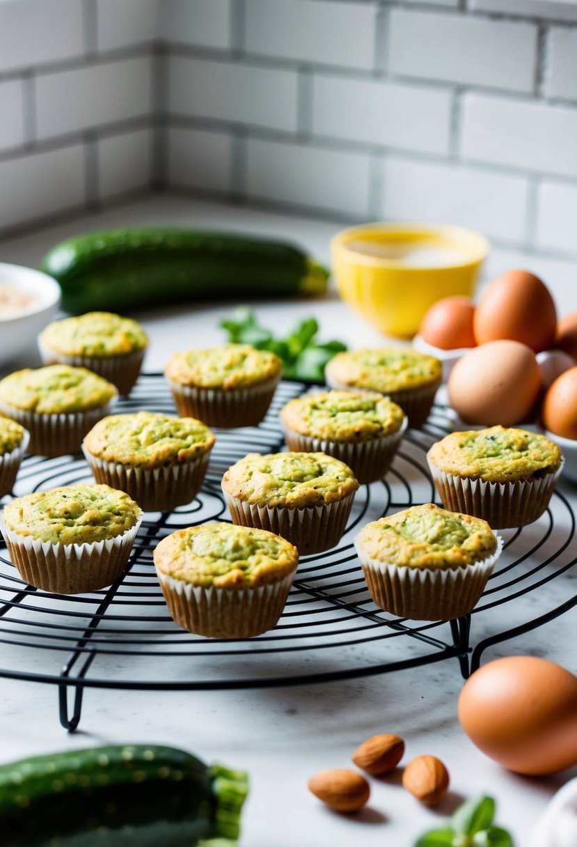 A kitchen counter with a cooling rack of freshly baked zucchini mini muffins, surrounded by ingredients like zucchinis, eggs, and almond flour