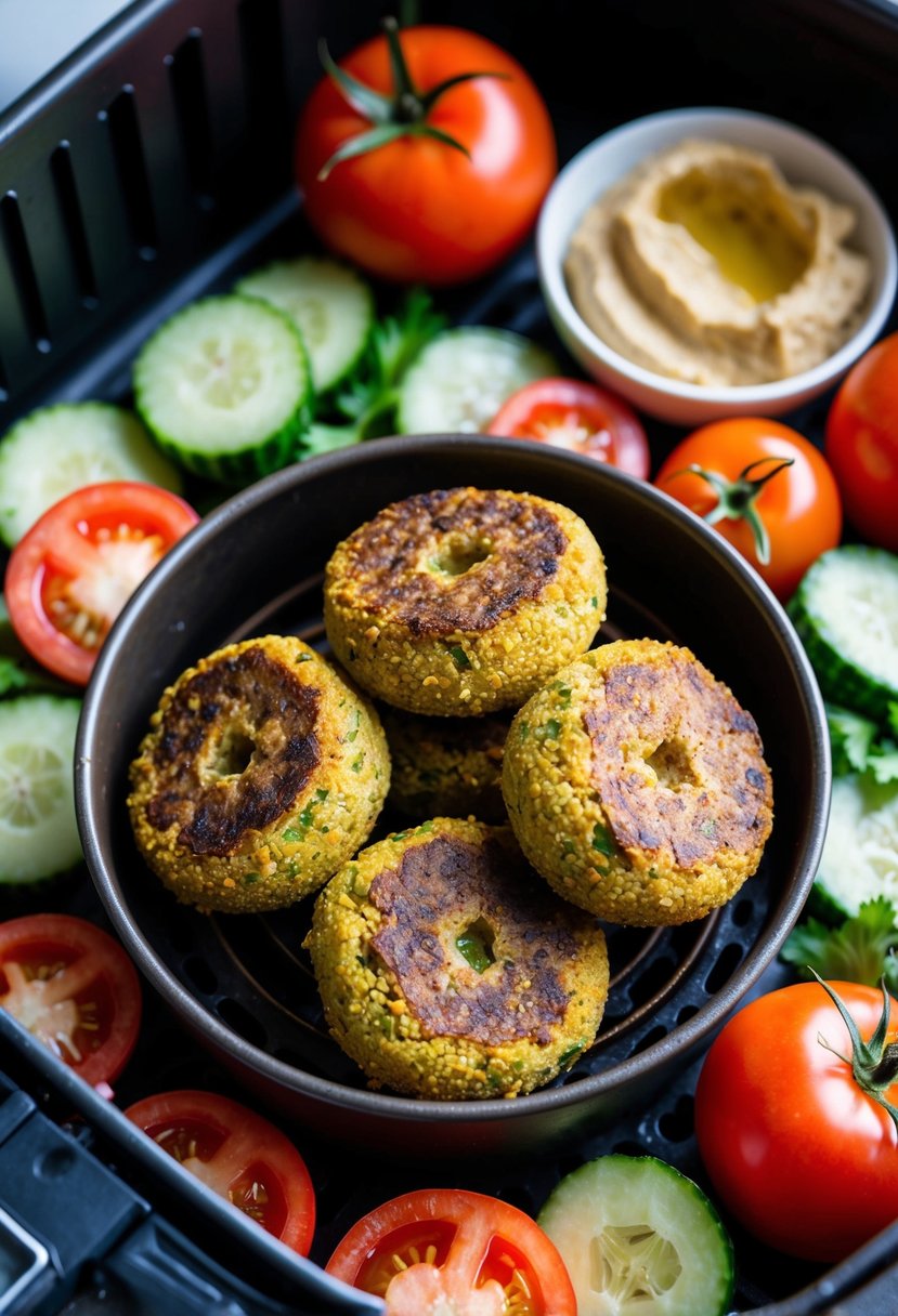 Golden falafel balls sizzling in an air fryer, surrounded by fresh Mediterranean ingredients like tomatoes, cucumbers, and hummus