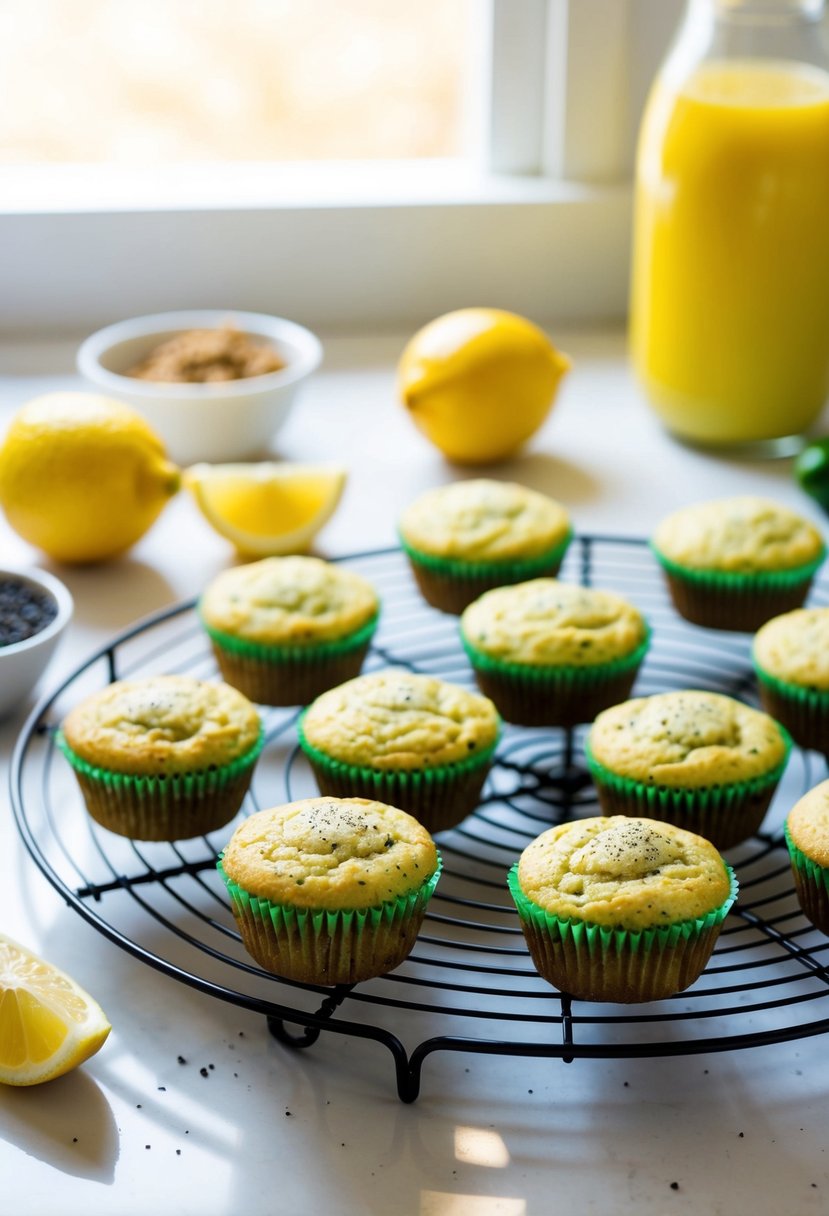 A kitchen counter with freshly baked Lemon Poppy Seed Zucchini Mini Muffins cooling on a wire rack. Ingredients scattered around