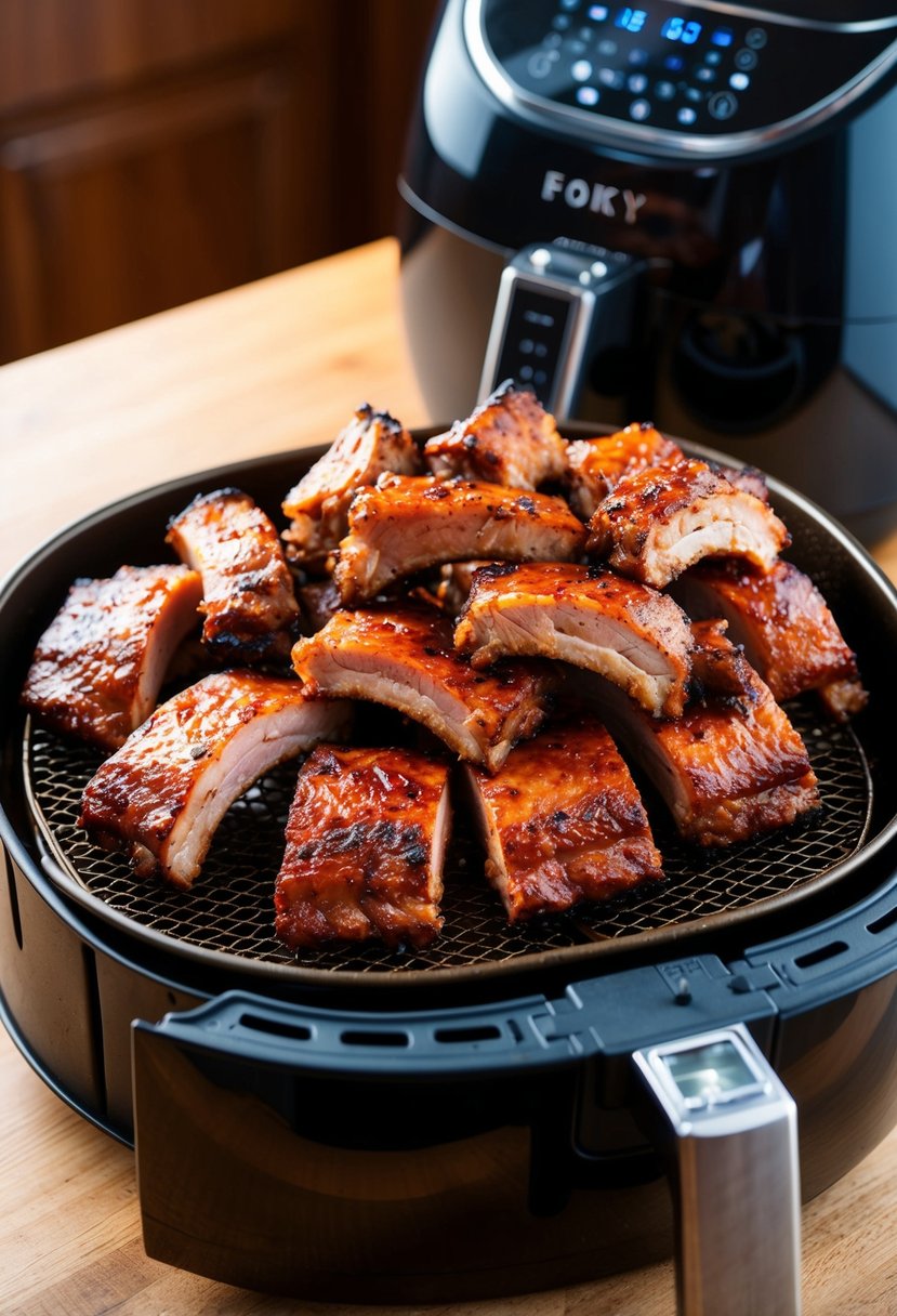 A platter of succulent BBQ pork ribs sizzling in an air fryer