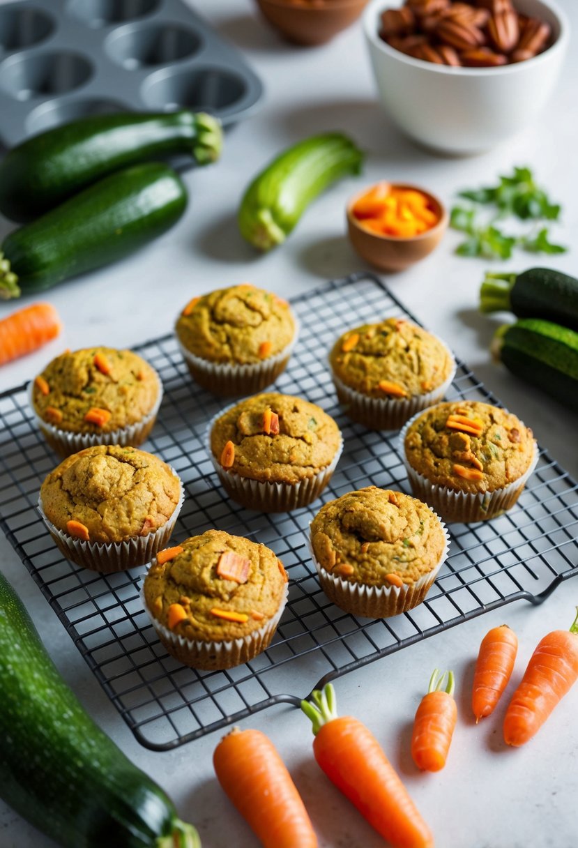 A kitchen counter with freshly baked vegan zucchini carrot muffins cooling on a wire rack, surrounded by scattered ingredients like zucchini and carrots