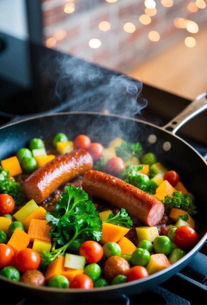 A colorful array of fresh vegetables and lean kielbasa sizzling in a skillet, emitting a mouthwatering aroma