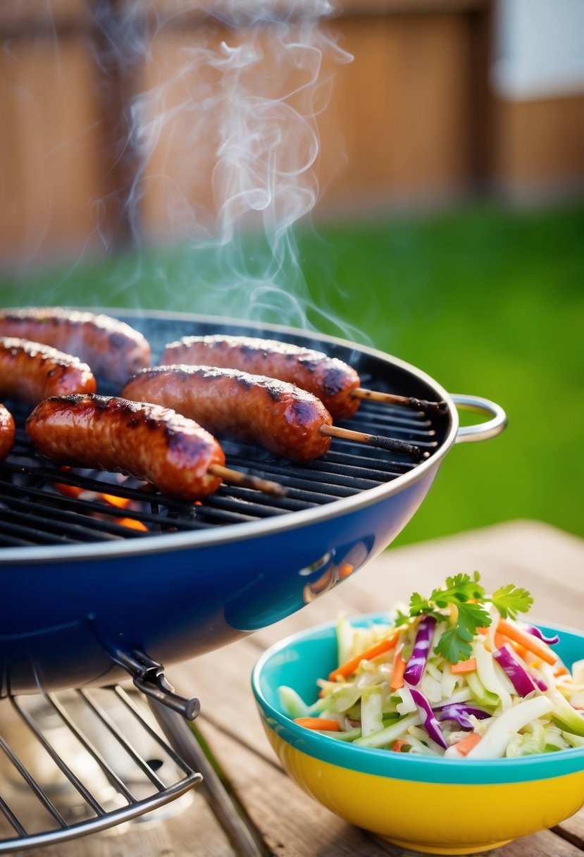 A sizzling kielbasa grilling on a barbecue next to a colorful cabbage slaw in a vibrant bowl