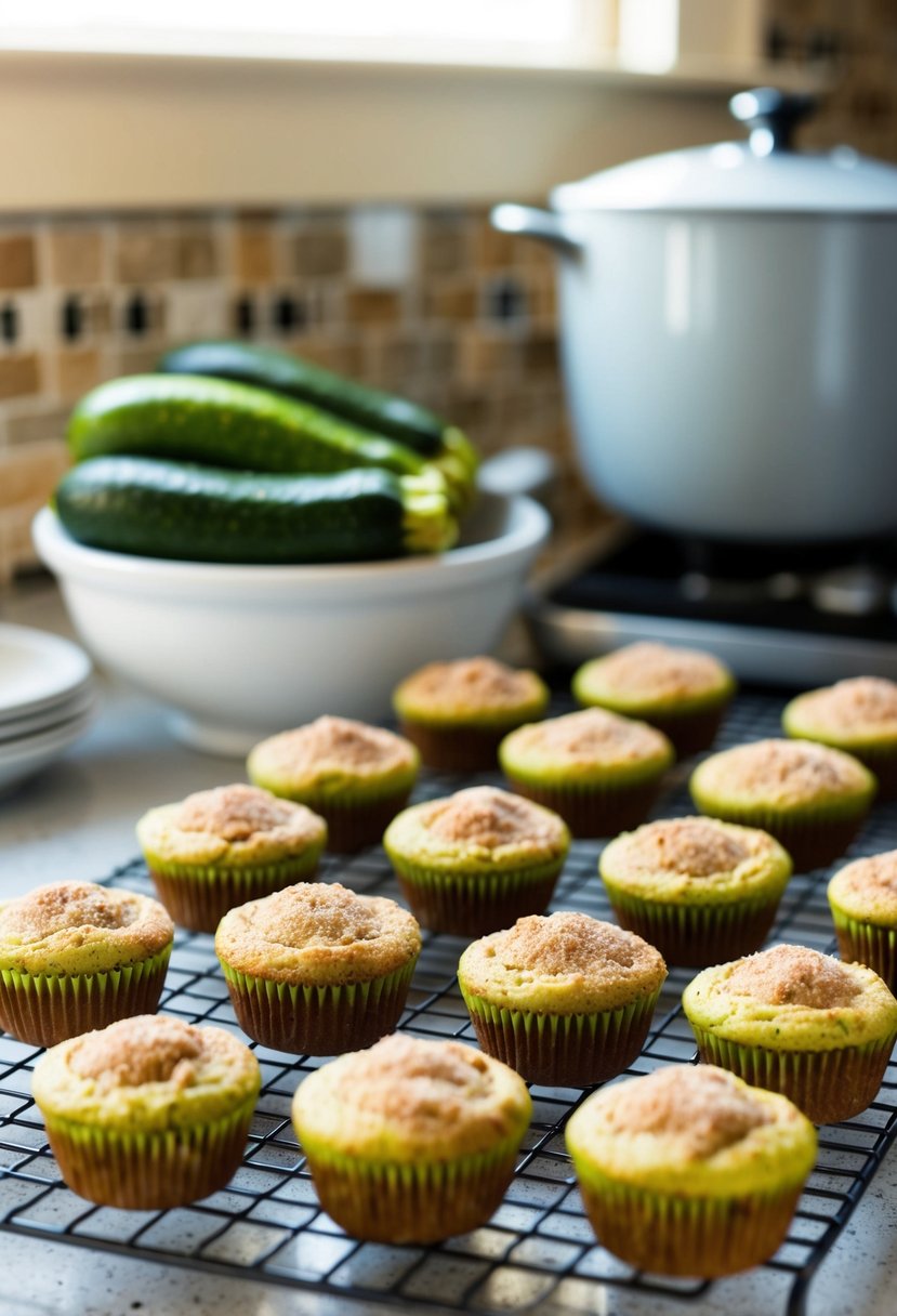 A kitchen counter filled with freshly baked mini zucchini muffins sprinkled with cinnamon sugar, cooling on a wire rack