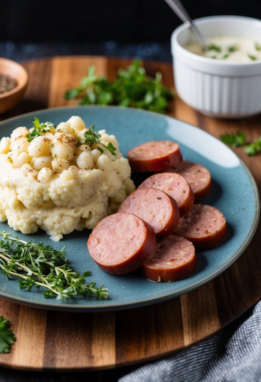 A plate of kielbasa slices with a side of creamy cauliflower mash, garnished with fresh herbs and spices