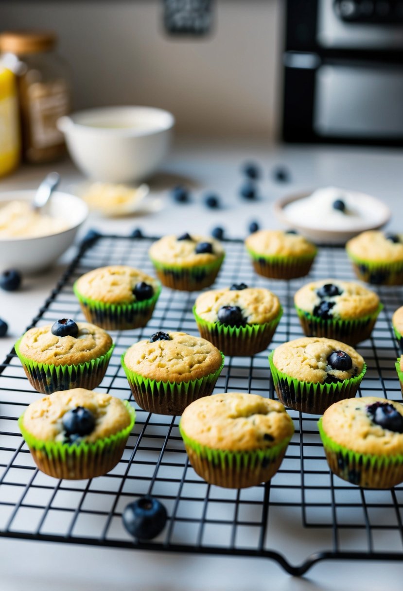 A kitchen counter with a cooling rack of freshly baked blueberry zucchini mini muffins, surrounded by scattered ingredients