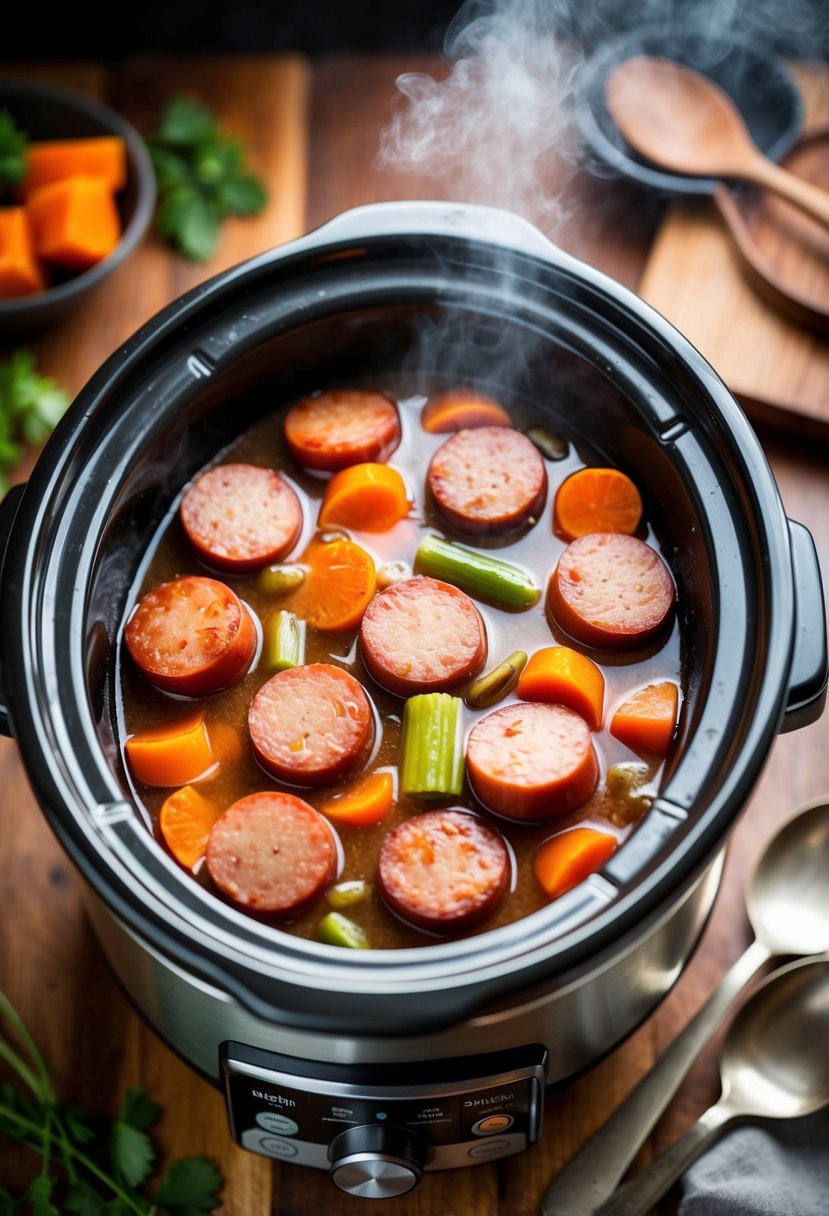 A simmering slow-cooker filled with kielbasa slices, colorful vegetables, and broth, emitting a savory aroma