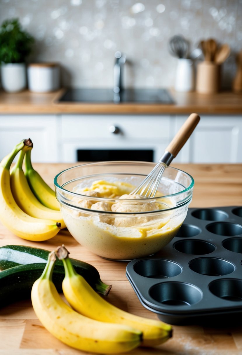 A kitchen counter with a mixing bowl filled with batter, surrounded by fresh bananas, zucchinis, and a muffin tin