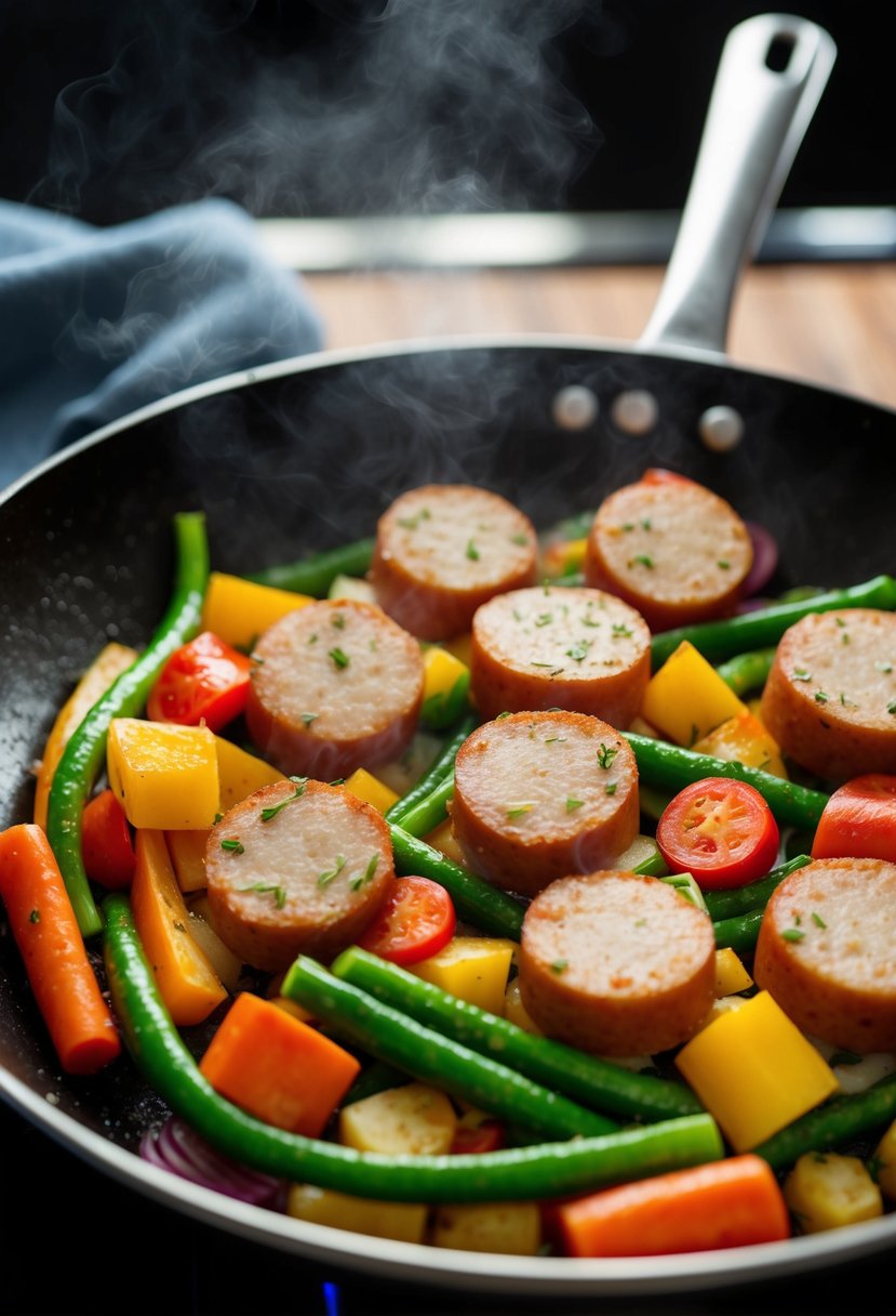 A sizzling skillet with colorful vegetables and sliced kielbasa cooking together over high heat