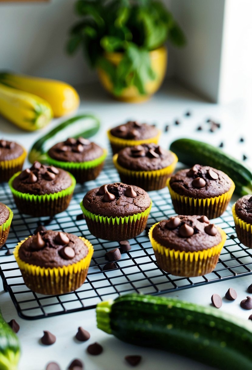 A kitchen counter with a cooling rack of Paleo Zucchini Chocolate Muffins surrounded by fresh zucchinis and scattered chocolate chips