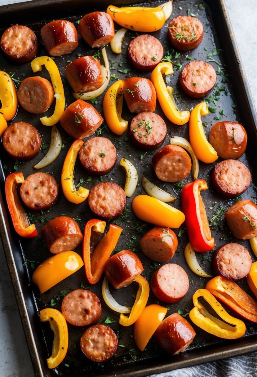 A sheet pan filled with sliced kielbasa, bell peppers, and onions, all roasted to perfection, with a sprinkle of herbs for garnish