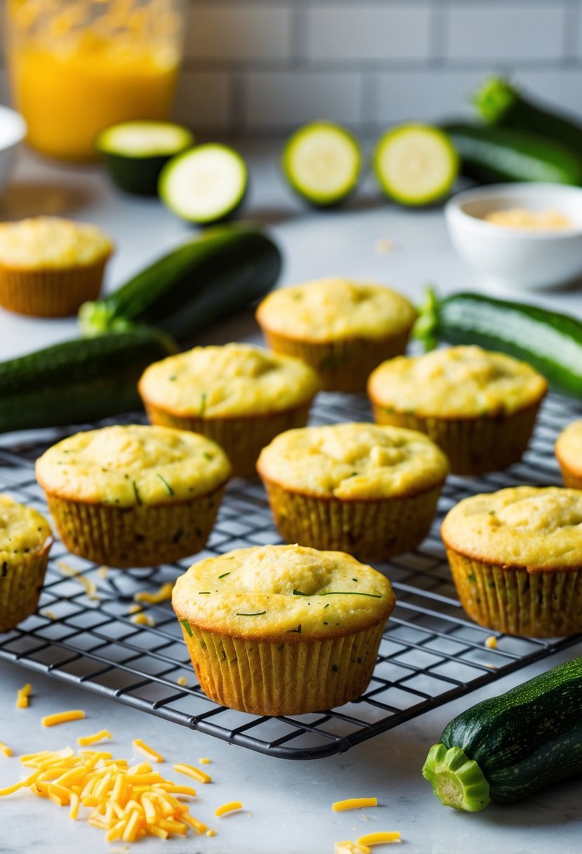 A kitchen counter with freshly baked zucchini cheese muffins cooling on a wire rack, surrounded by scattered zucchinis and cheese