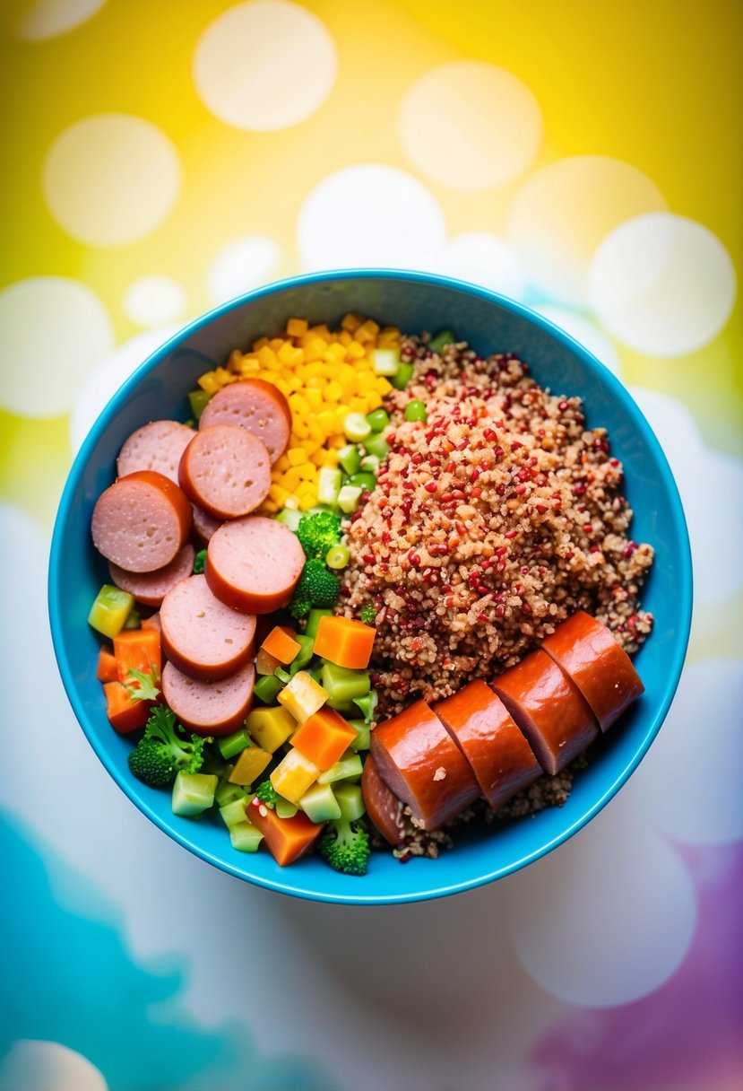 A colorful bowl filled with quinoa, sliced kielbasa, and assorted vegetables, set against a bright background