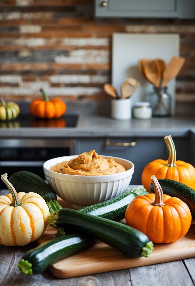 A rustic kitchen counter with a wooden cutting board, fresh zucchinis, pumpkins, and a bowl of muffin batter