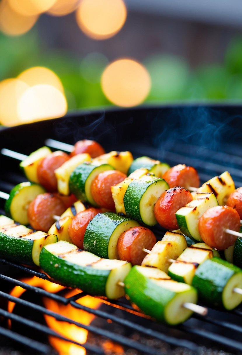 Fresh zucchini and kielbasa skewers sizzling on a hot grill