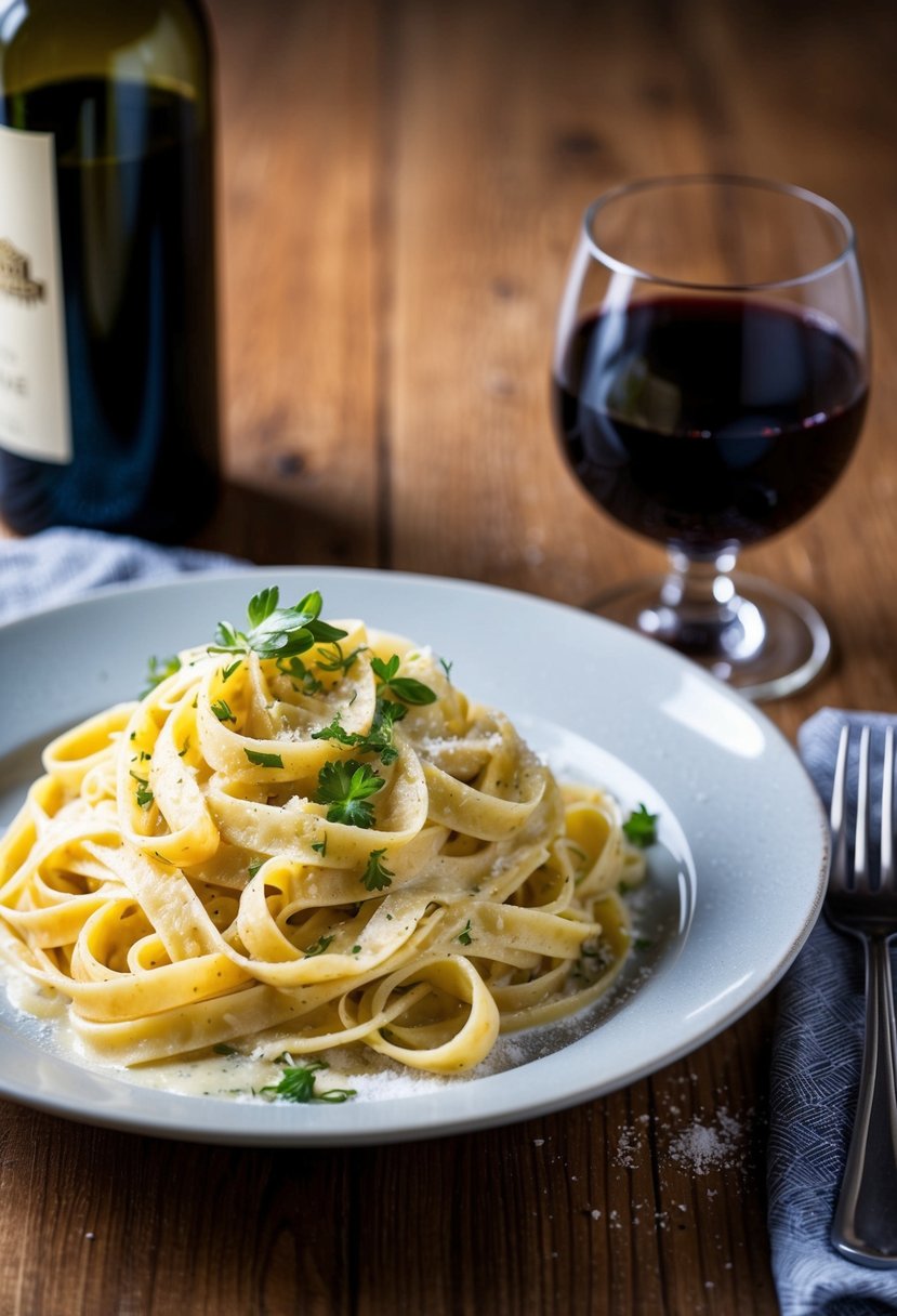 A steaming plate of fettucine pasta with creamy sauce, topped with fresh herbs and grated parmesan, served alongside a glass of red wine