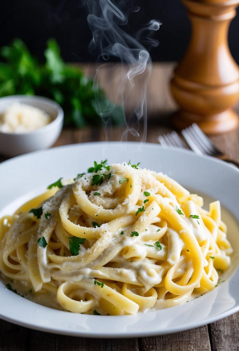 A steaming plate of fettucine pasta coated in rich and creamy Alfredo sauce, garnished with freshly grated parmesan cheese and chopped parsley