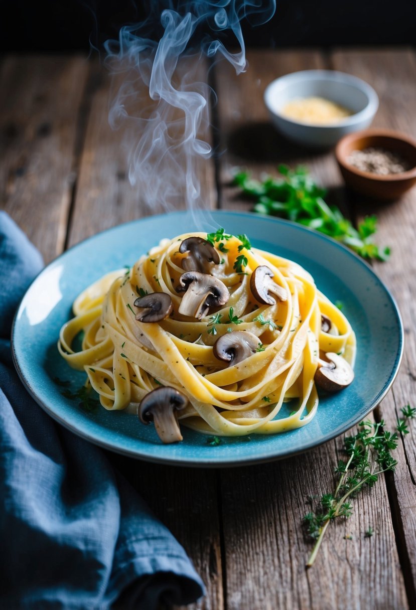 A steaming plate of creamy mushroom fettuccine, garnished with fresh herbs, sits on a rustic wooden table