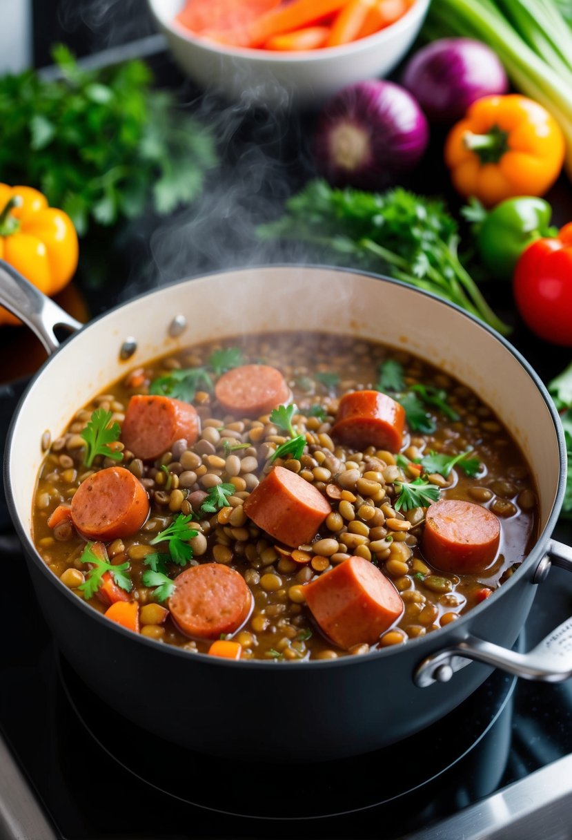 A steaming pot of lentil and kielbasa stew simmers on a stovetop, surrounded by colorful vegetables and fragrant herbs