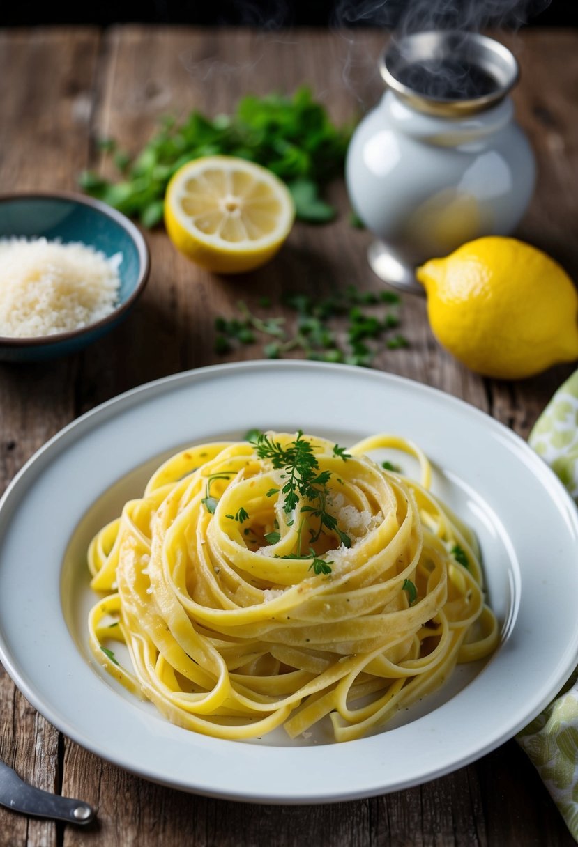 A steaming plate of lemon garlic fettuccine on a rustic wooden table with a sprinkle of fresh herbs