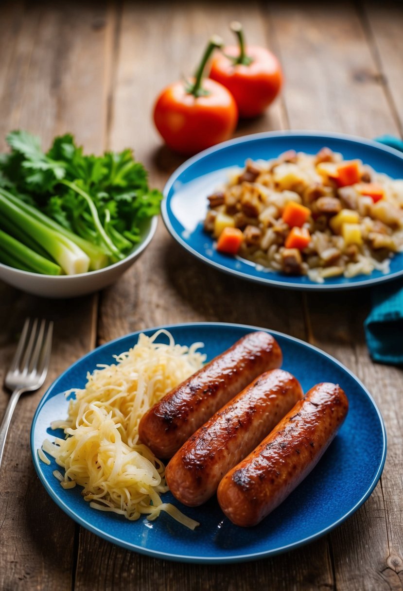 A plate of baked kielbasa and sauerkraut with a side of fresh vegetables on a rustic wooden table