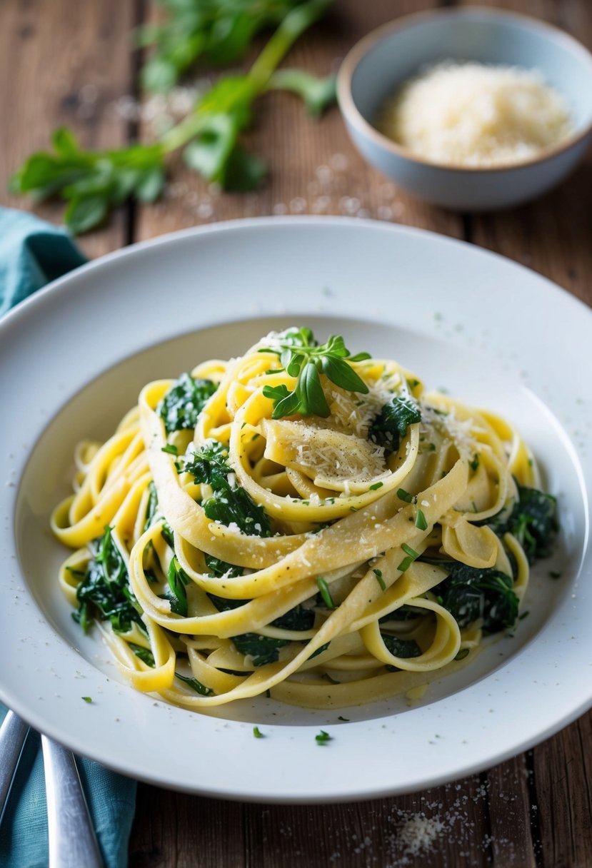 A steaming plate of spinach and artichoke fettuccine, topped with grated parmesan and fresh herbs, sits on a rustic wooden table