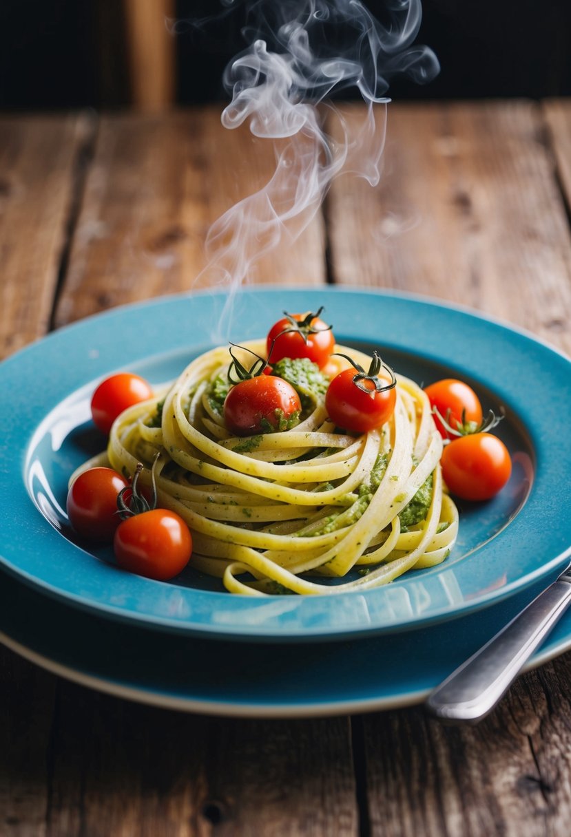 A steaming plate of pesto fettuccine with vibrant cherry tomatoes sits on a rustic wooden table