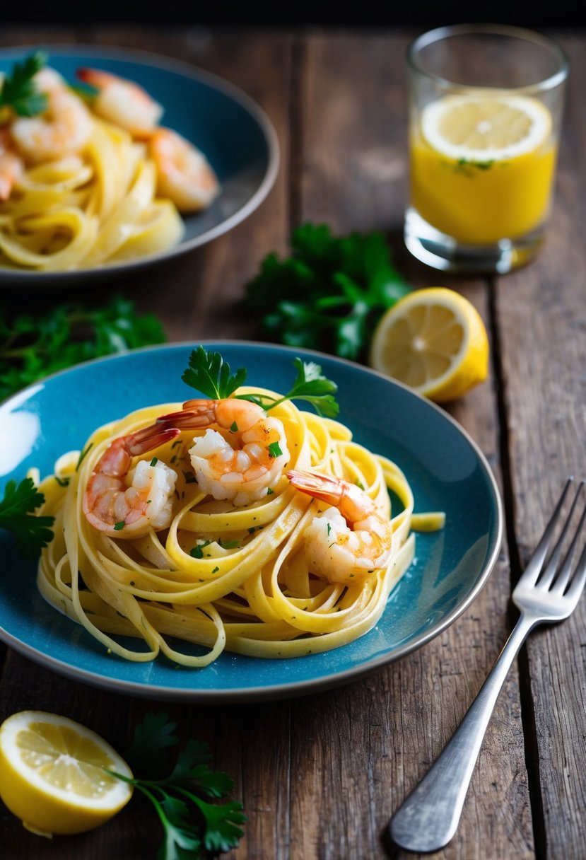 A steaming plate of Shrimp Scampi Fettuccine sits on a rustic wooden table, garnished with fresh parsley and lemon wedges