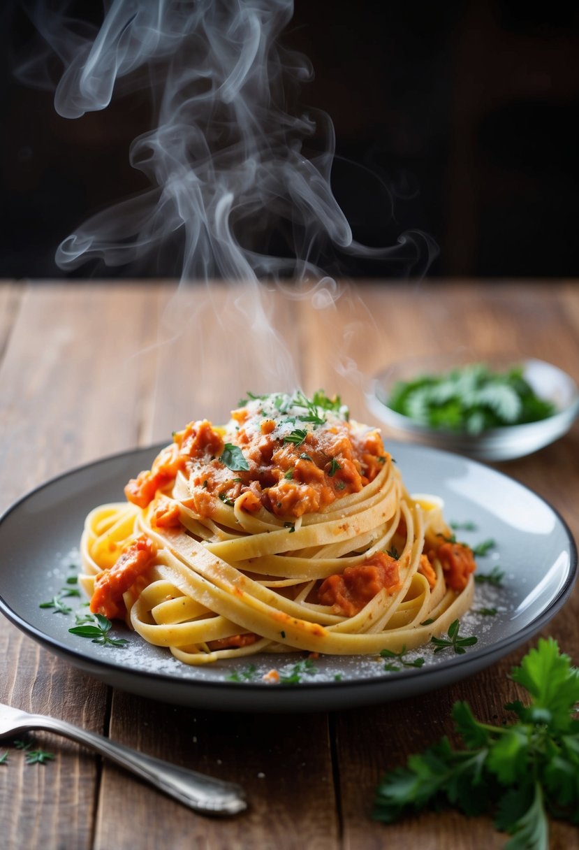 A steaming plate of fettuccine pasta with roasted red pepper sauce, garnished with fresh herbs and grated cheese