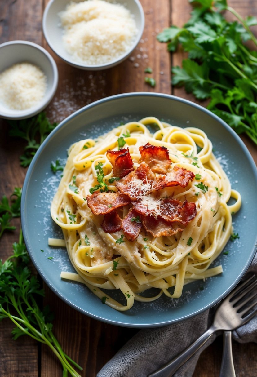 A steaming plate of Chicken Bacon Ranch Fettuccine, topped with crispy bacon and grated Parmesan, surrounded by fresh herbs and a rustic wooden table