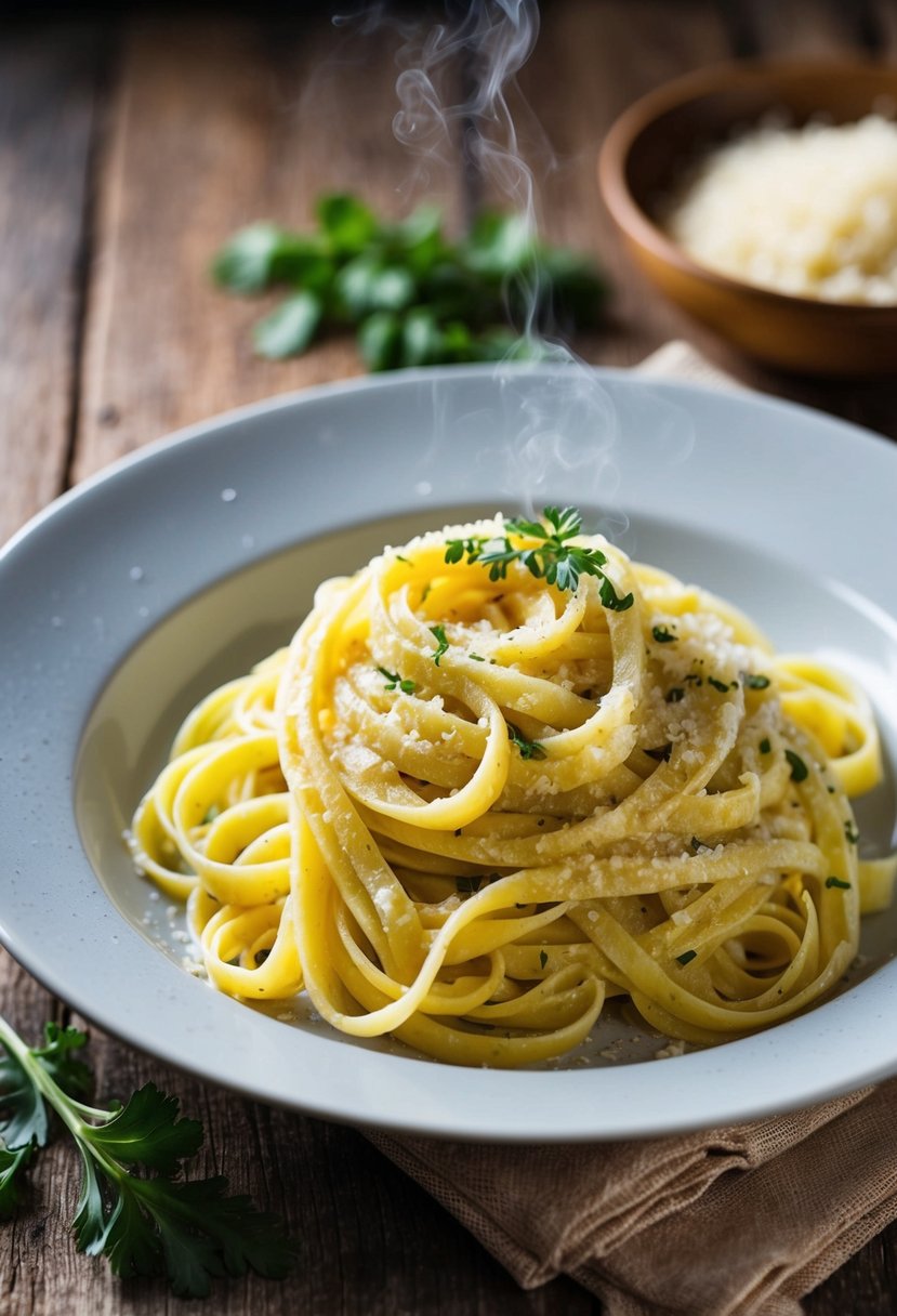 A steaming plate of Garlic Parmesan Fettuccine, garnished with fresh herbs, sits on a rustic wooden table