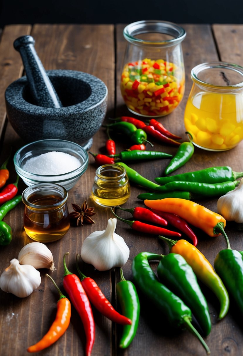 A wooden table with a variety of fresh Thai chili peppers, garlic, vinegar, and sugar, surrounded by small glass jars and a mortar and pestle