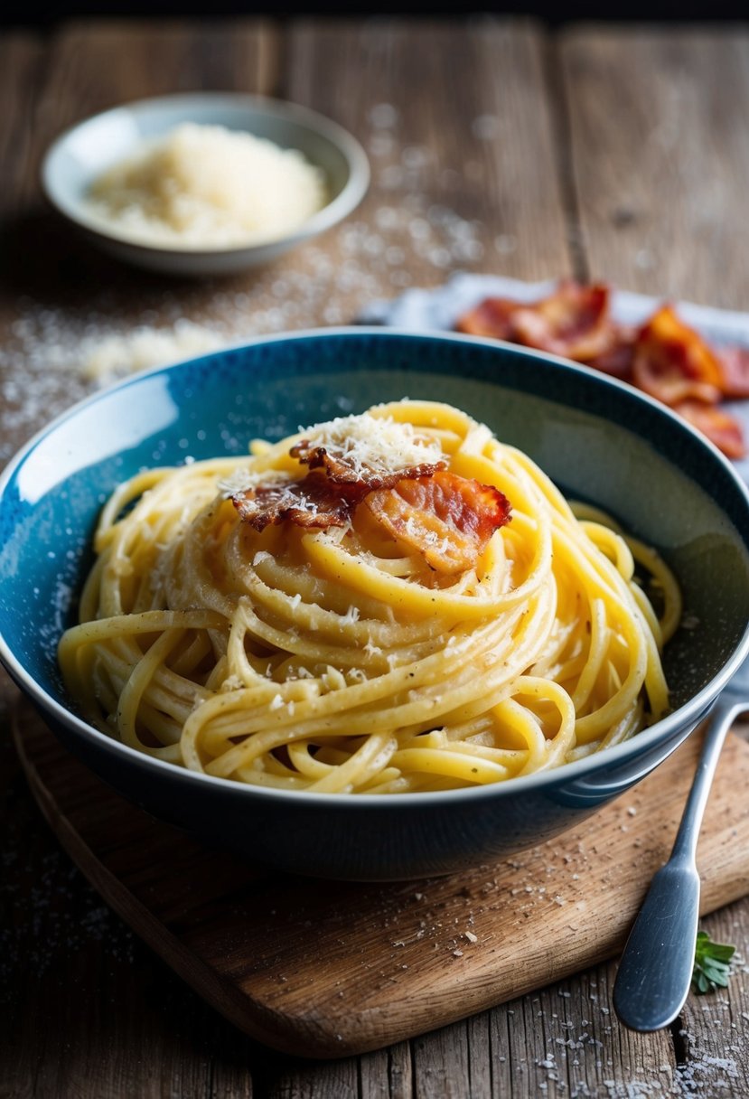 A steaming bowl of creamy fettuccine carbonara sits on a rustic wooden table, garnished with crispy bacon and freshly grated Parmesan cheese