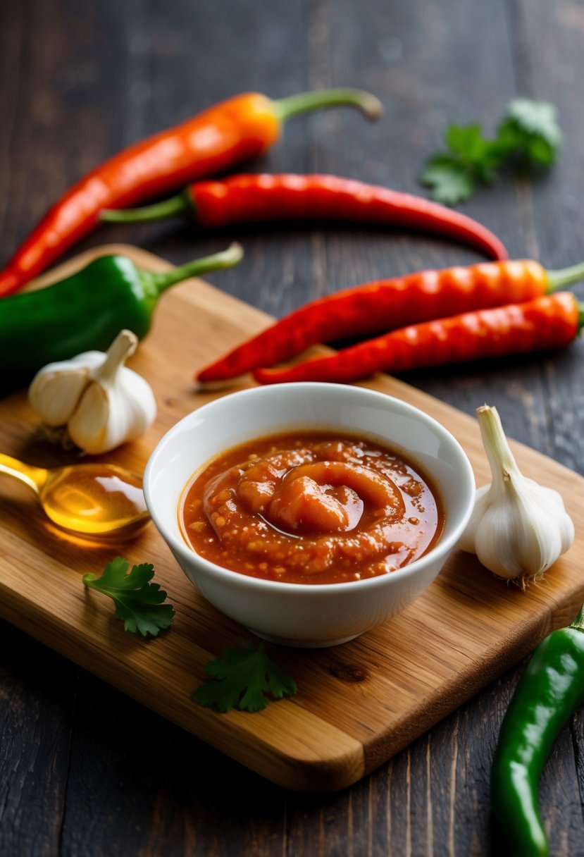 A small bowl of sweet Thai chili sauce with garlic and honey surrounded by fresh chili peppers and garlic cloves on a wooden cutting board