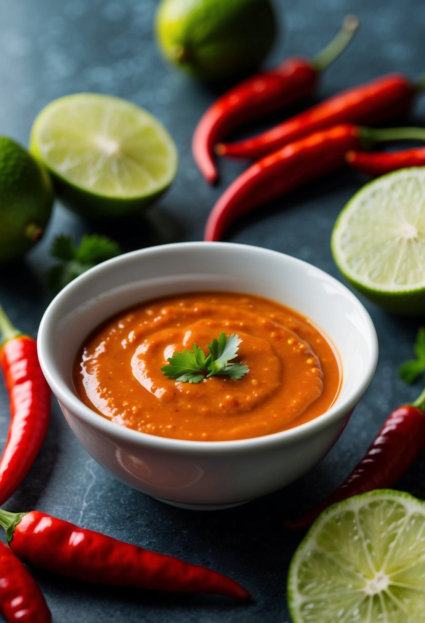 A small bowl of spicy Thai chili lime dipping sauce surrounded by fresh red chilies and sliced limes