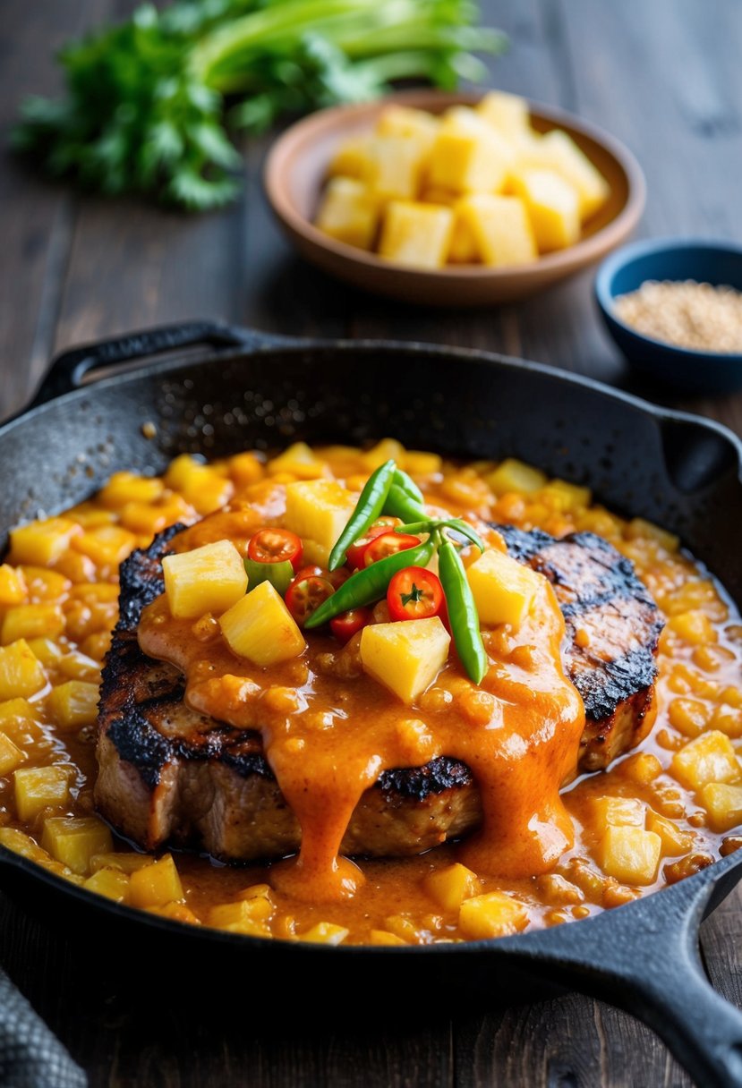 A sizzling skillet of Thai chili and pineapple glaze bubbling over a succulent piece of grilled meat