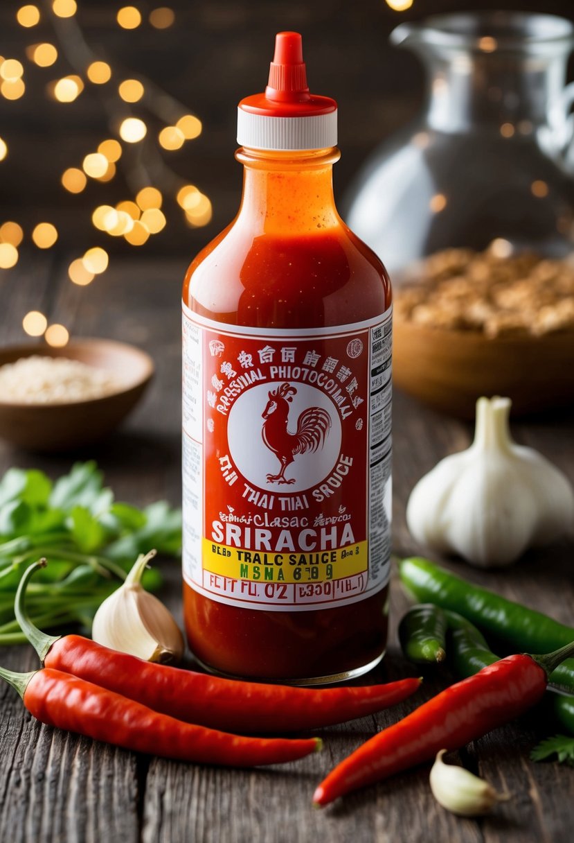 A bottle of classic Thai Sriracha sauce surrounded by fresh red Thai chilies and garlic cloves