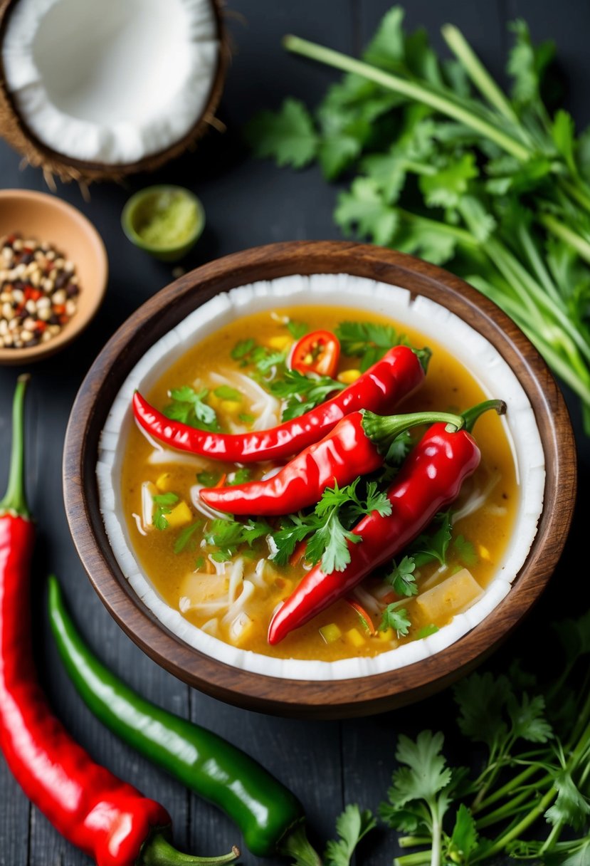 A wooden bowl filled with red Thai chili peppers, coconut milk, and other ingredients, surrounded by fresh herbs and spices