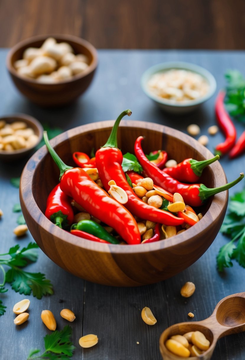 A wooden bowl filled with vibrant red Thai chili peppers, peanuts, and other ingredients for zesty dressing