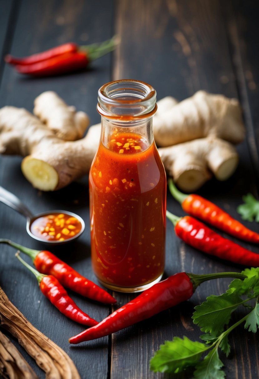 A small glass bottle filled with vibrant red ginger-infused Thai chili sauce, surrounded by fresh ginger roots and fiery red Thai chilies