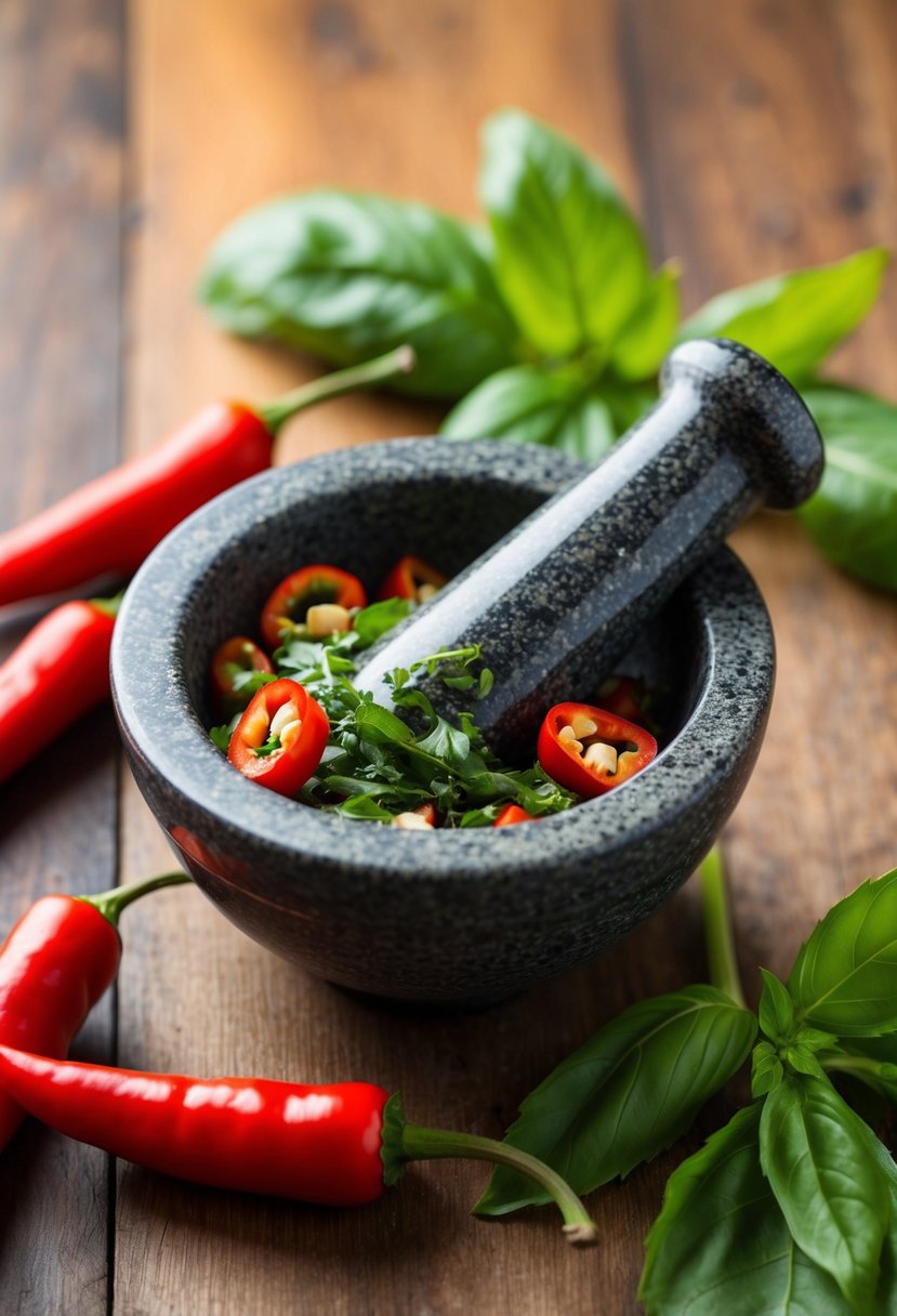 A mortar and pestle crushing Thai basil and chili peppers to make a spicy marinade