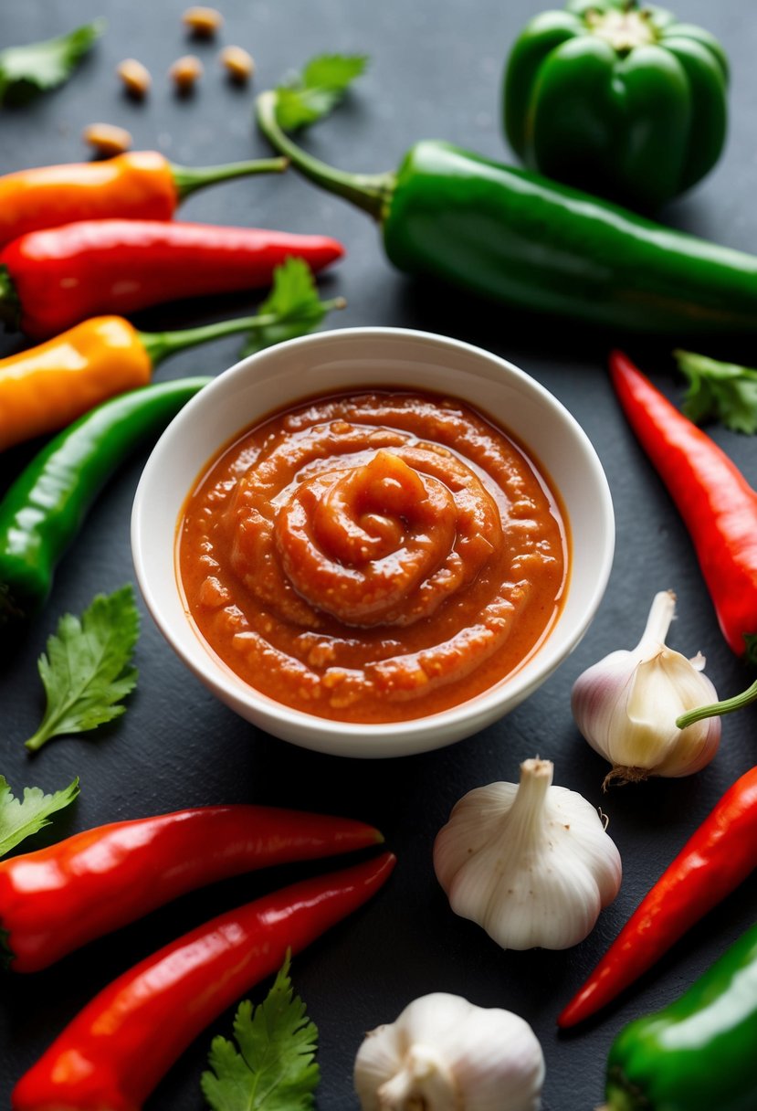 A bowl of Tamarind Thai Chili Sauce surrounded by fresh red and green chili peppers, garlic, and tamarind pods