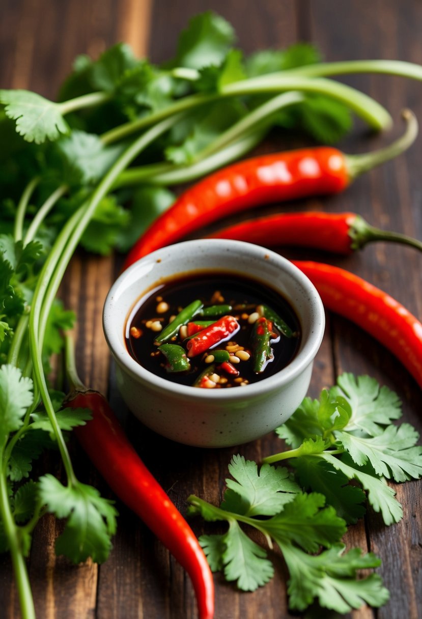 A small ceramic dish filled with tangy Thai chili and soy sauce, surrounded by vibrant green cilantro leaves and red chili peppers